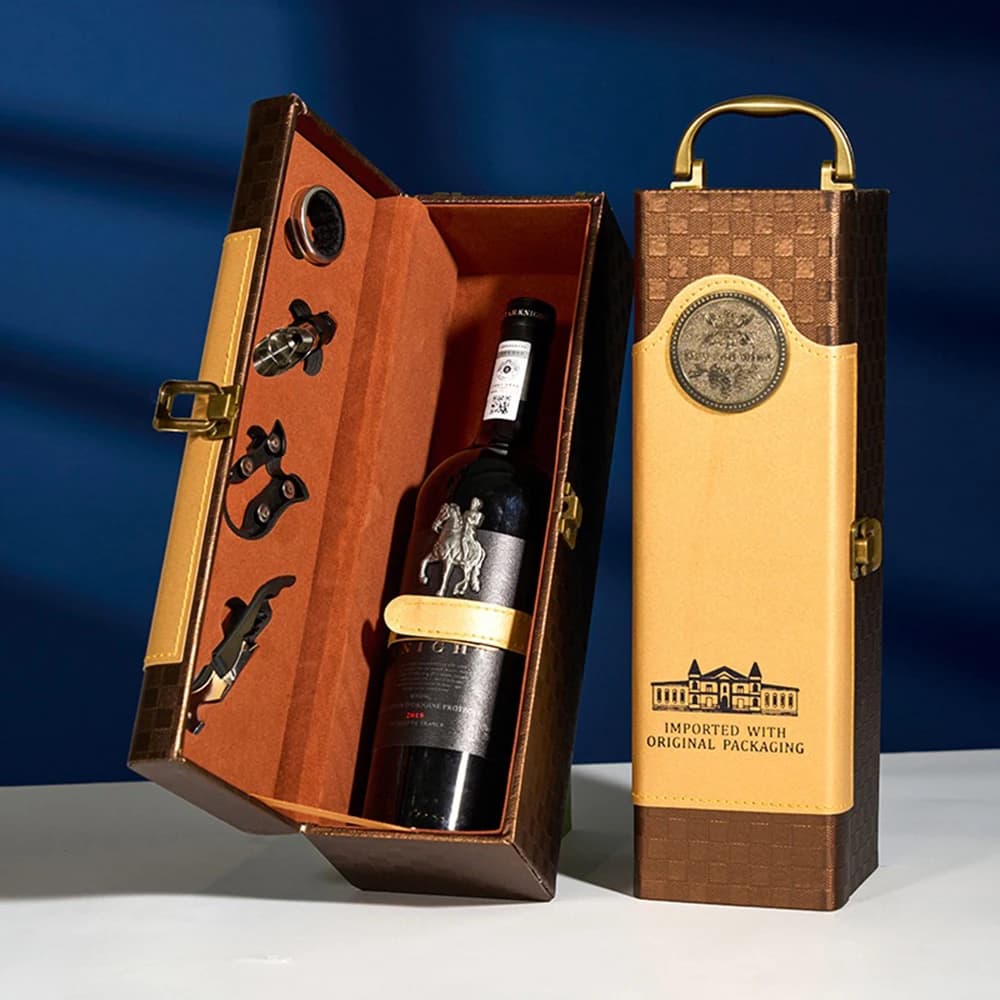 Single Wine Bottle Gift Box with Accessories Set, Portable Carrying Case Bottle Holder with Tools and Handle for Party, Home