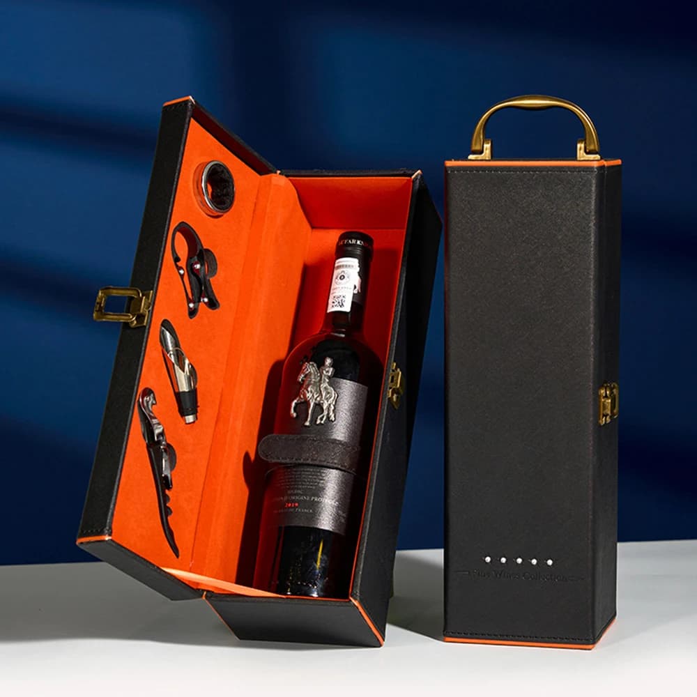 Single Wine Bottle Gift Box with Accessories Set, Portable Carrying Case Bottle Holder with Tools and Handle for Party, Home