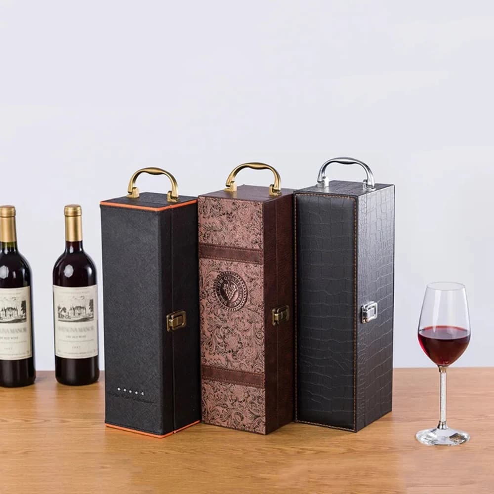 Single Wine Bottle Gift Box with Accessories Set, Portable Carrying Case Bottle Holder with Tools and Handle for Party, Home