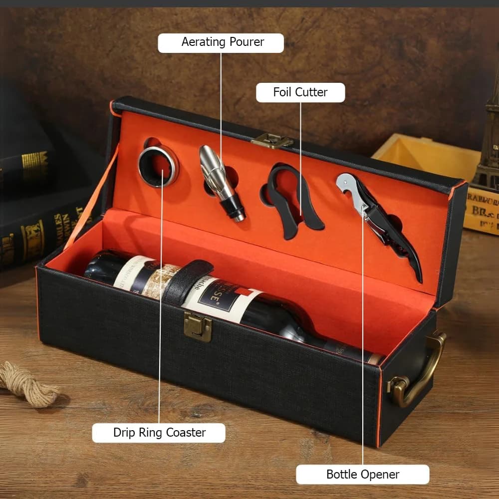 Single Wine Bottle Gift Box with Accessories Set, Portable Carrying Case Bottle Holder with Tools and Handle for Party, Home