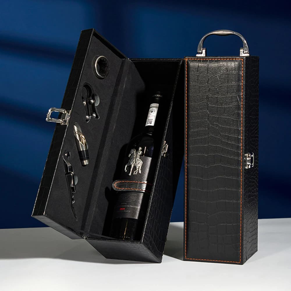 Single Wine Bottle Gift Box with Accessories Set, Portable Carrying Case Bottle Holder with Tools and Handle for Party, Home