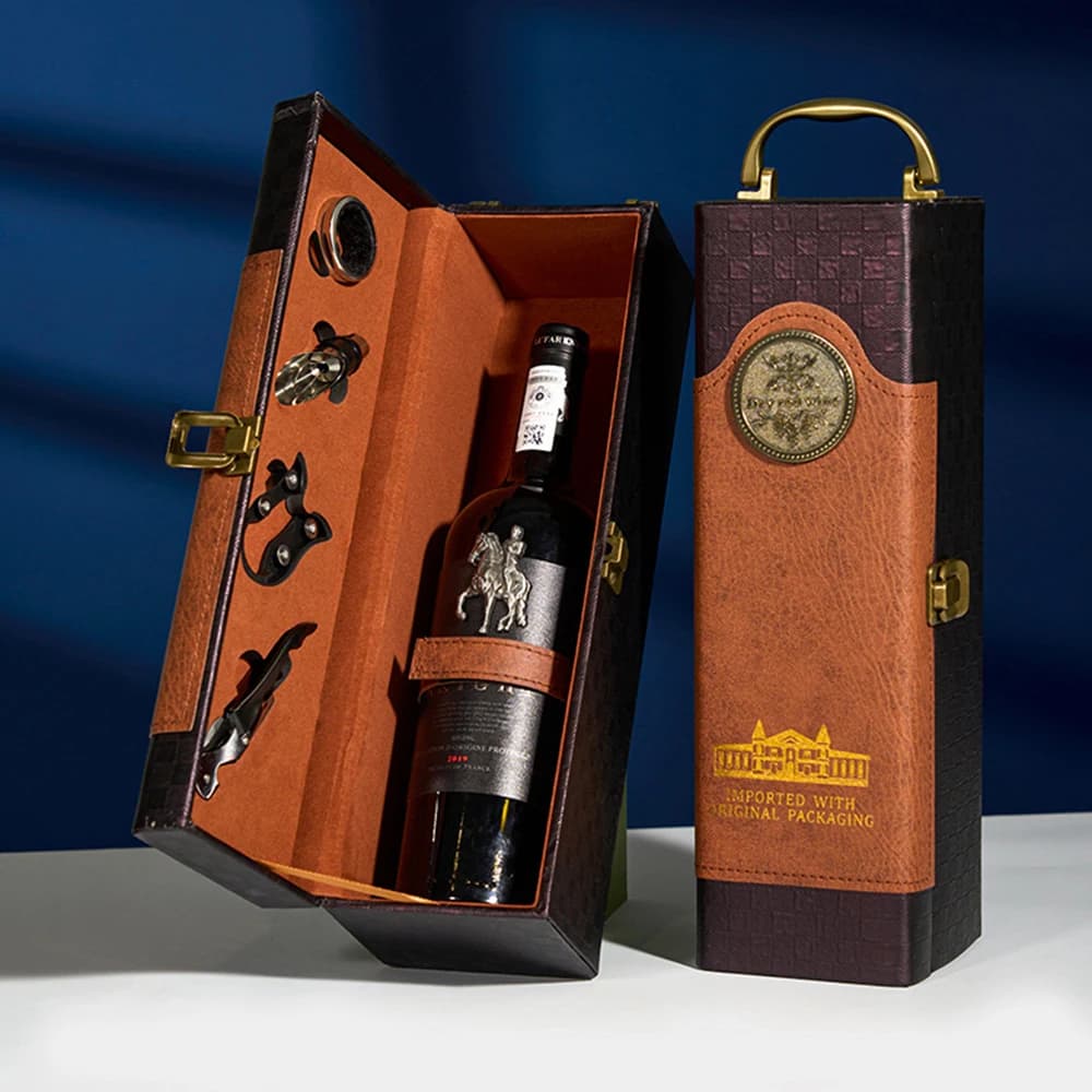 Single Wine Bottle Gift Box with Accessories Set, Portable Carrying Case Bottle Holder with Tools and Handle for Party, Home
