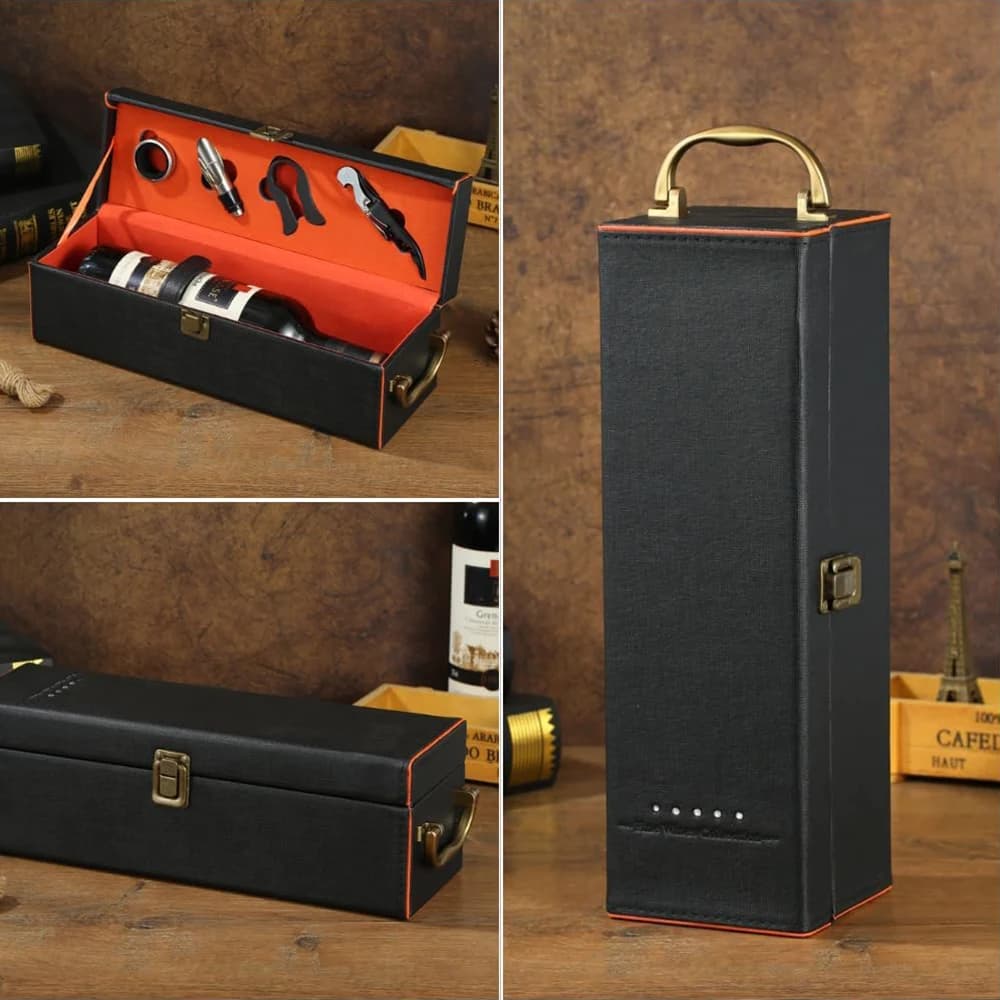 Single Wine Bottle Gift Box with Accessories Set, Portable Carrying Case Bottle Holder with Tools and Handle for Party, Home